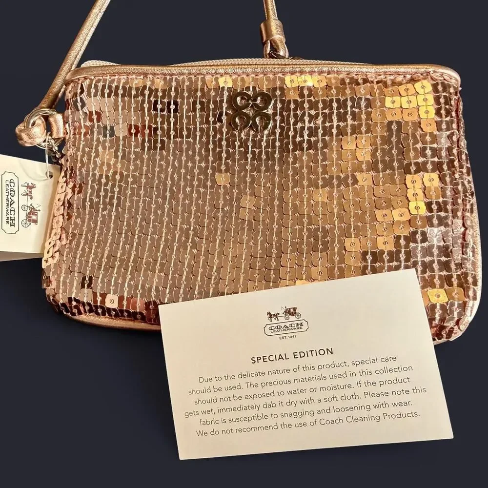 Vintage COACH Y2K Special Edition Rose Gold Sequined Wristlet Small NWT Glam